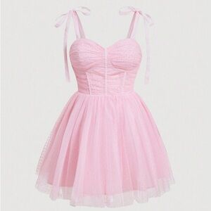 Pink Tulle Dress with Bow Straps